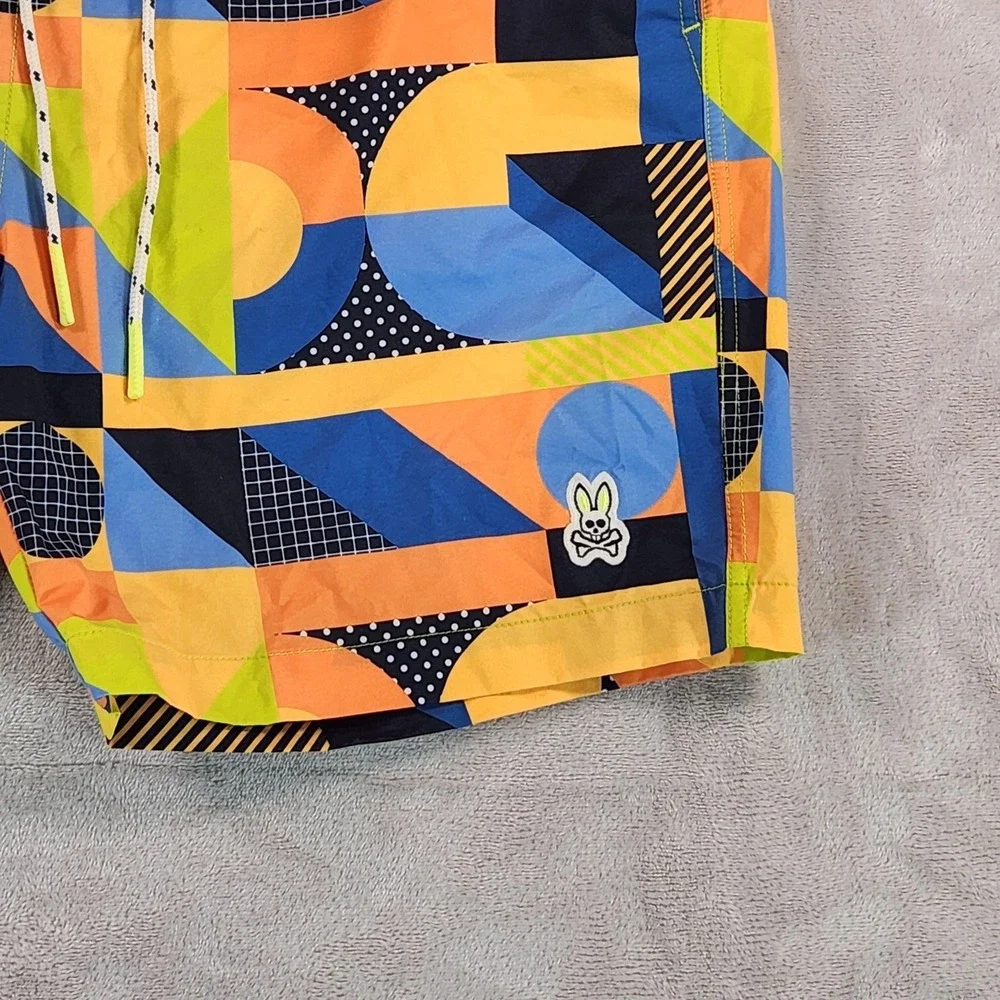 Psycho Bunny Swim Trunks Mens Large Multicolor Geo Print Lined Drawstring Beach